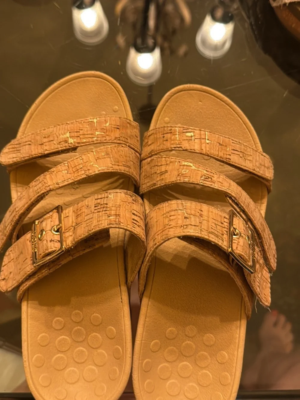 Vionic Tan Cork-Pattern Double Strap Slide Sandals with Buckles